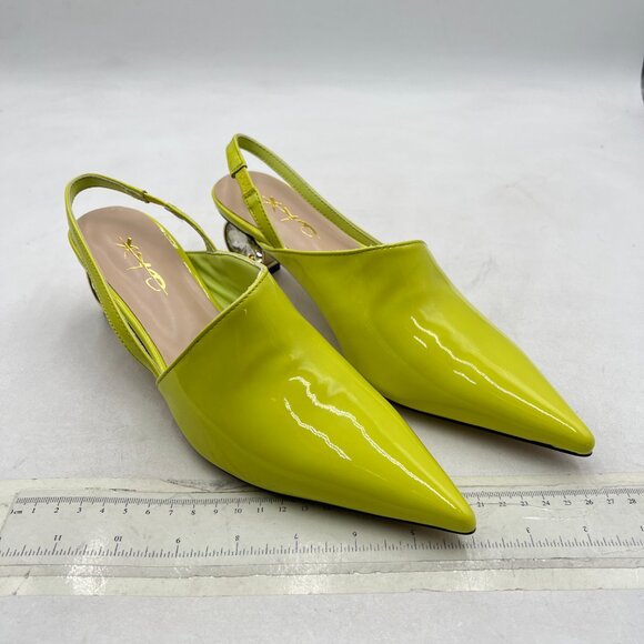 XYD Lemon Yellow Low Heel Edgy Pointed Toe Slip On Slingback Crystal Heel Pumps - Picture 4 of 8